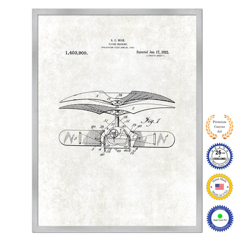 1922 Flying Machine Antique Patent Artwork Silver Framed Canvas Print Home Office Decor Great for Pilot Gift