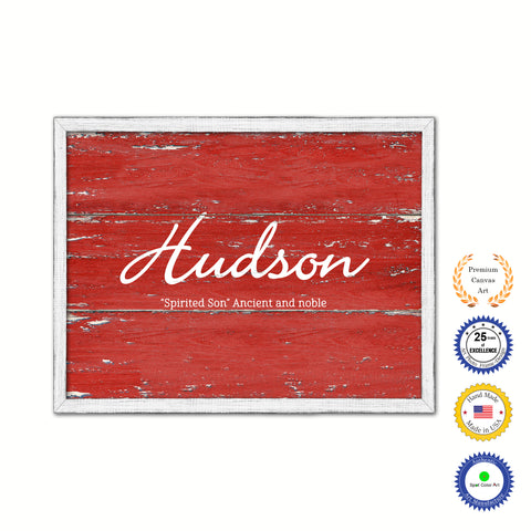 Hudson Name Plate White Wash Wood Frame Canvas Print Boutique Cottage Decor Shabby Chic