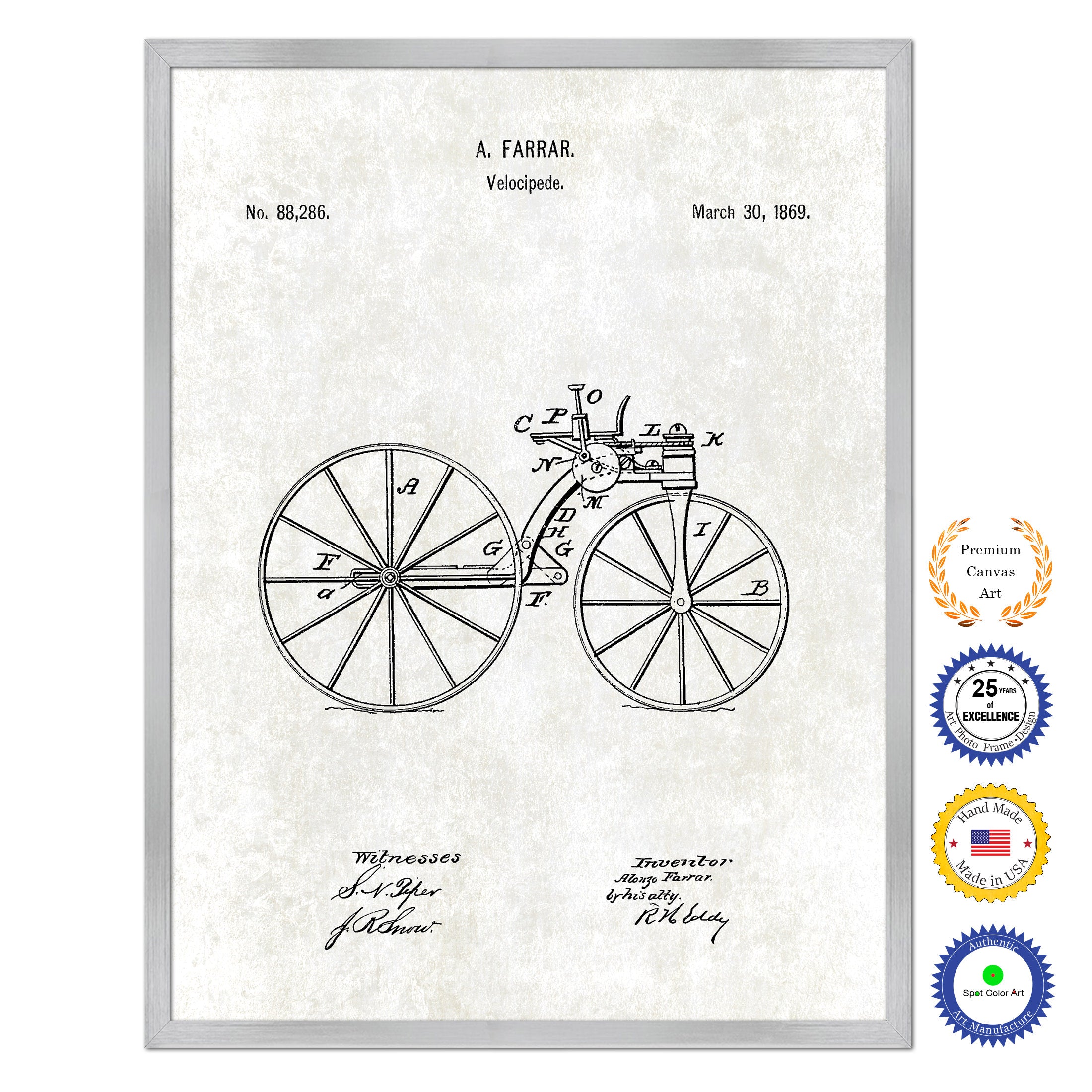 1869 Velocipede Old Patent Art Print on Canvas Custom Framed Vintage Home Decor Wall Decoration Great for Gifts