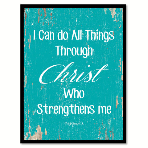 I can do all things through Christ - Philippians 4:14 Bible Verse Gift Ideas Home Decor Wall Art Framed Canvas Print, Aqua