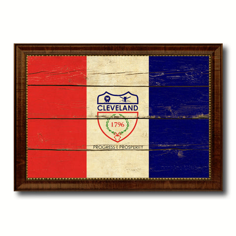 Cleveland City Ohio State Vintage Flag Canvas Print Brown Picture Frame