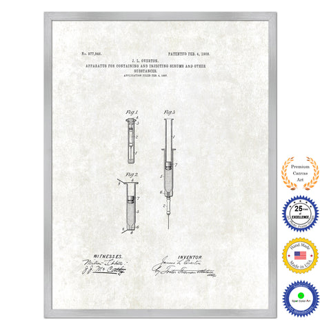 1908 Doctor Syringe Antique Patent Artwork Silver Framed Canvas Print Home Office Decor Great for Doctor Paramedic Surgeon Hospital Medical Student