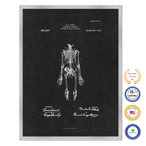 1911 Doctor Anatomical Skeleton Antique Patent Artwork Silver Framed Canvas Home Office Decor Great for Doctor Paramedic Surgeon Hospital Medical Student
