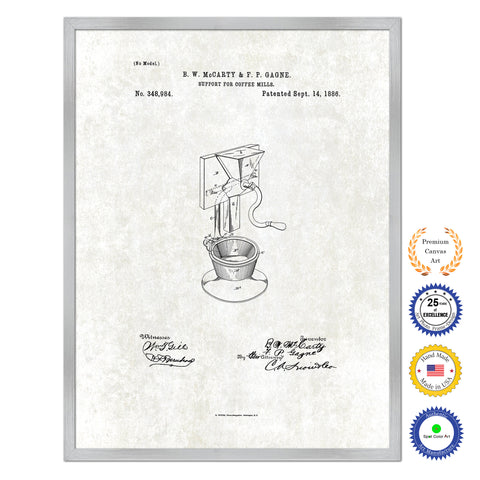 1886 Support for Coffee Mill Grinder Antique Patent Artwork Silver Framed Canvas Print Home Office Decor Great for Coffee Spice Lover Cafe Shop