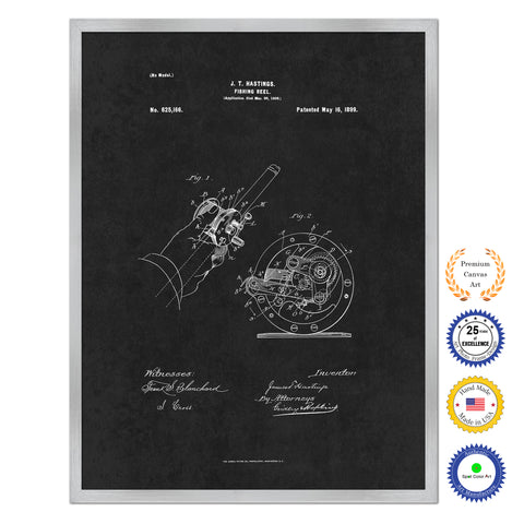 1899 Fishing Reel Antique Patent Artwork Silver Framed Canvas Home Office Decor Great for Fisherman Cabin Lake House