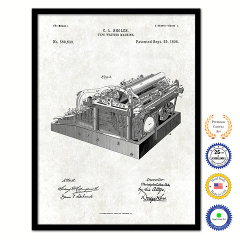 1896 Type Writing Machine Old Patent Art Print on Canvas Custom Framed Vintage Home Decor Wall Decoration Great for Gifts
