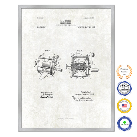 1903 Fishing Reel Antique Patent Artwork Silver Framed Canvas Print Home Office Decor Great for Fisherman Cabin Lake House
