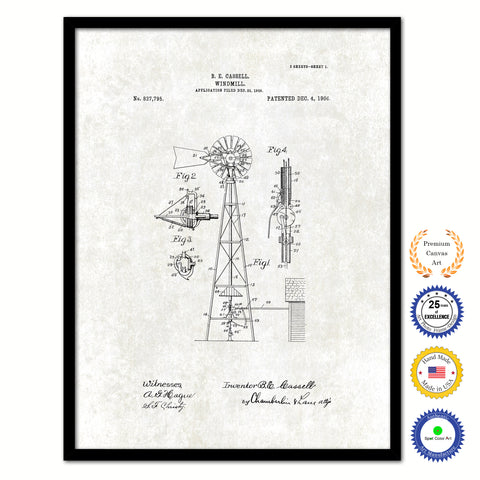 1906 Farming Windmill Vintage Patent Artwork Black Framed Canvas Print Home Office Decor Great for Farmer Milk Lover Cattle Rancher