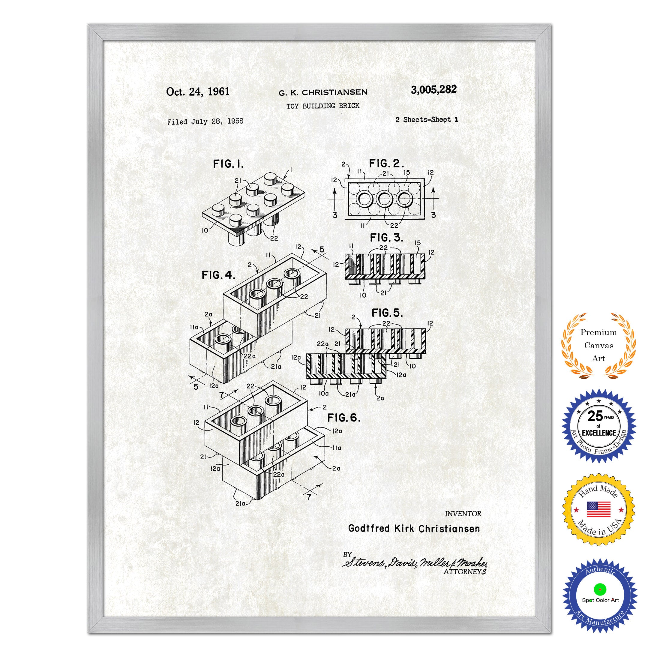 1961 Legos Building Block Old Patent Art Print on Canvas Custom Framed Vintage Home Decor Wall Decoration Great for Gifts