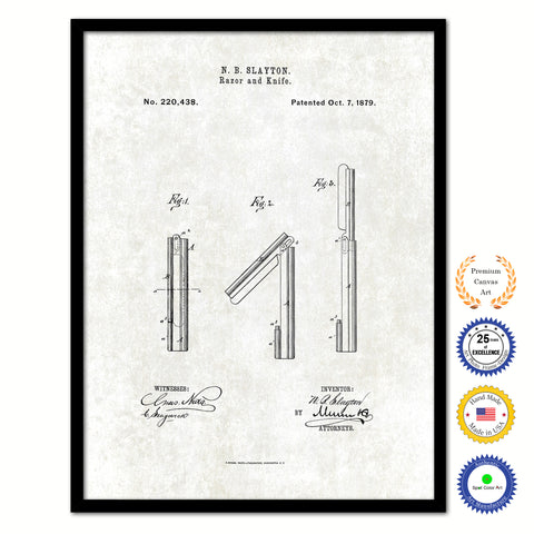 1879 Barber Razor and Knife Vintage Patent Artwork Black Framed Canvas Print Home Office Decor Great Gift for Barber Salon Hair Stylist
