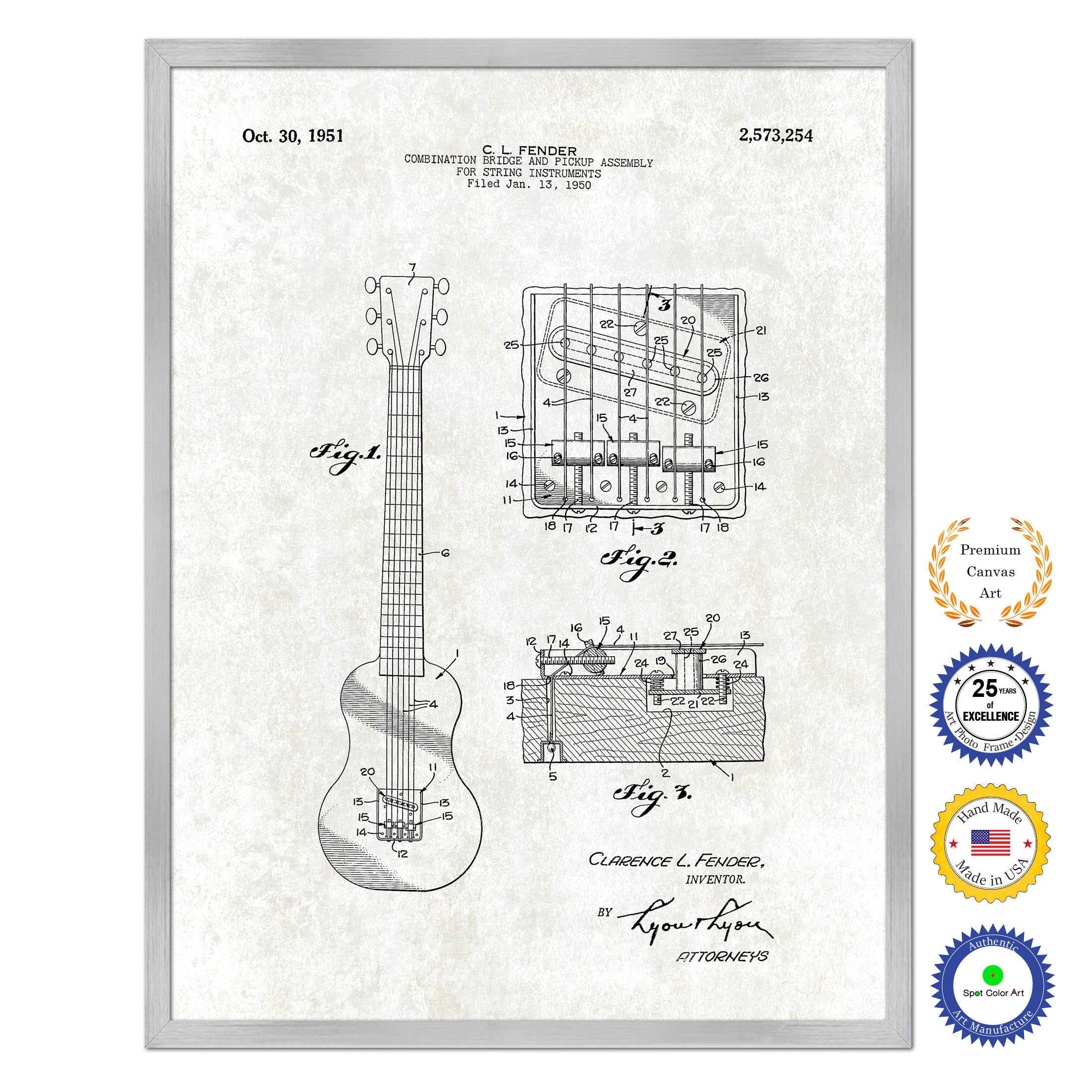 1951 Fender Guitar Bridge and Pickup Assembly Old Patent Art Print on Canvas Custom Framed Vintage Home Decor Wall Decoration Great for Gifts