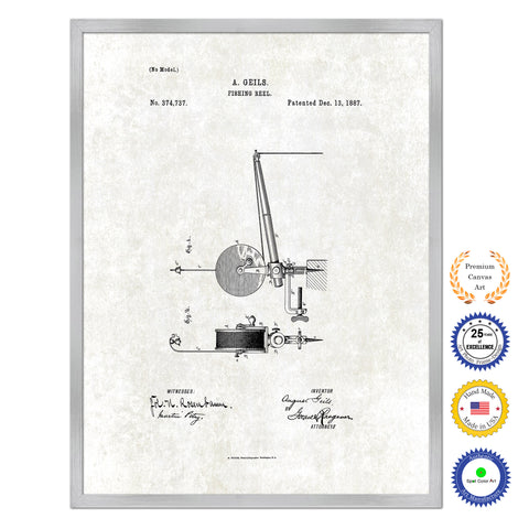 1887 Fishing Reel Antique Patent Artwork Silver Framed Canvas Print Home Office Decor Great for Fisherman Cabin Lake House