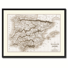 Spain Portugal Vintage Sepia Map Canvas Print, Picture Frame Gifts Home Decor Wall Art Decoration