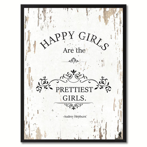 Happy girls are the prettiest girls - Audrey Hepburn Vintage Saying Gifts Home Decor Wall Art Canvas Print with Custom Picture Frame, White