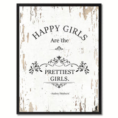 Happy girls are the prettiest girls - Audrey Hepburn Vintage Saying Gifts Home Decor Wall Art Canvas Print with Custom Picture Frame, White