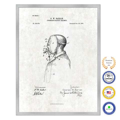 1890 Firefighter Fireman's Safety Helmet Antique Patent Artwork Silver Framed Canvas Print Home Office Decor Great for Firefighter Fireman Firewoman