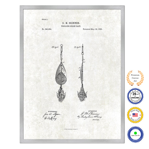1886 Fishing Trolling Spoon Bait Antique Patent Artwork Silver Framed Canvas Print Home Office Decor Great for Fisherman Cabin Lake House