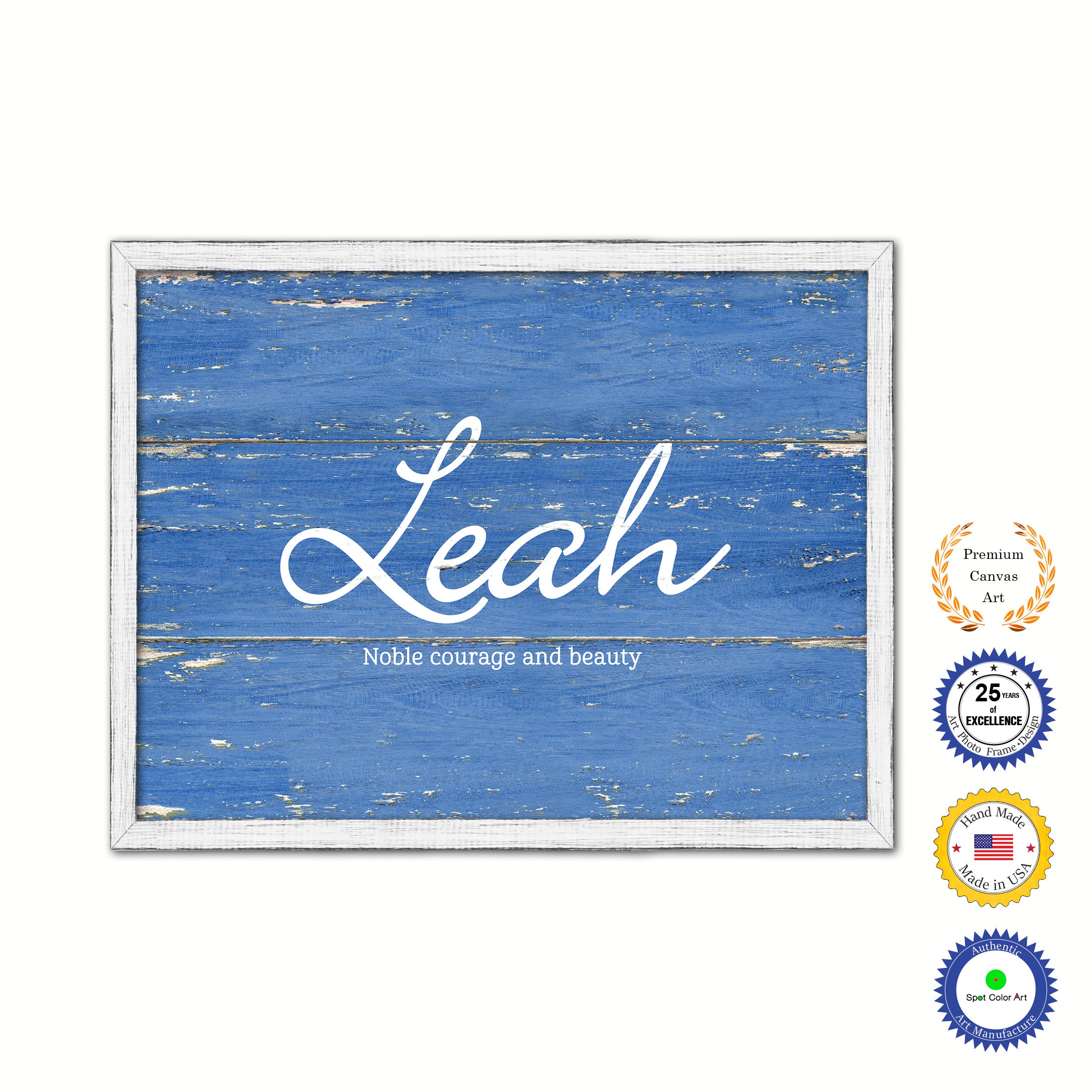 Leah Name Plate White Wash Wood Frame Canvas Print Boutique Cottage Decor Shabby Chic