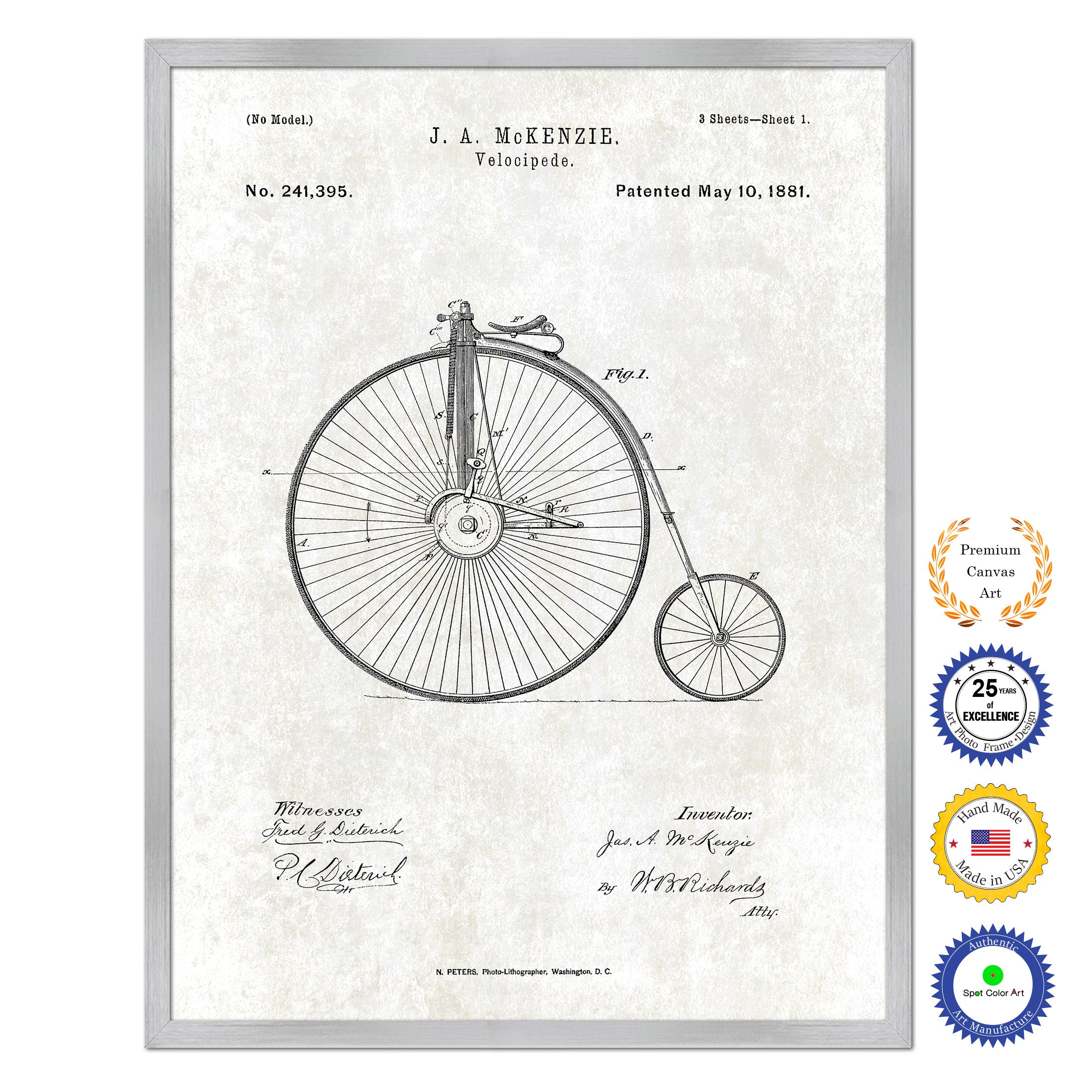 1881 Velocipede Old Patent Art Print on Canvas Custom Framed Vintage Home Decor Wall Decoration Great for Gifts
