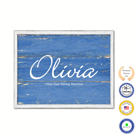 Olivia Name Plate White Wash Wood Frame Canvas Print Boutique Cottage Decor Shabby Chic