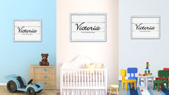 Victoria Name Plate White Wash Wood Frame Canvas Print Boutique Cottage Decor Shabby Chic