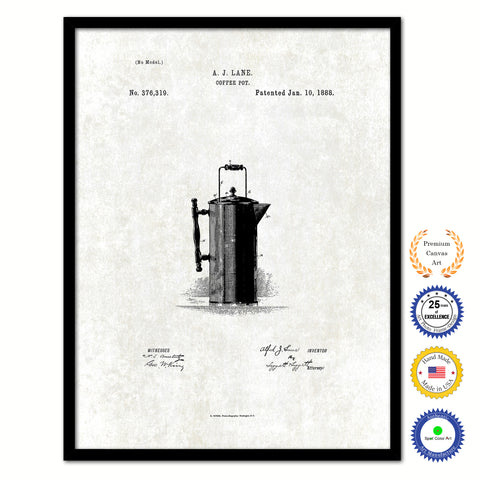 1888 Coffee Pot Vintage Patent Artwork Black Framed Canvas Print Home Office Decor Great for Coffee Lover Cafe Tea Shop