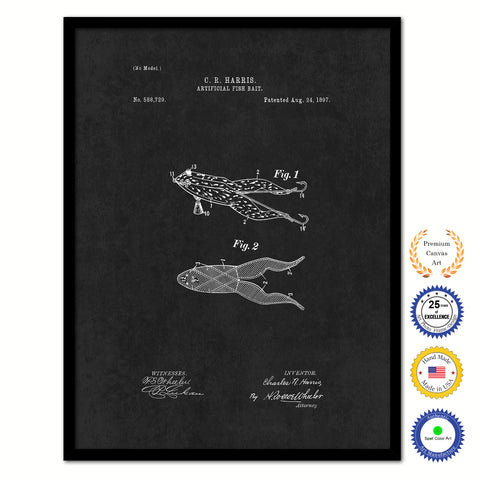 1897 Fishing Artificial Fish Bait Vintage Patent Artwork Black Framed Canvas Home Office Decor Great for Fisherman Cabin Lake House