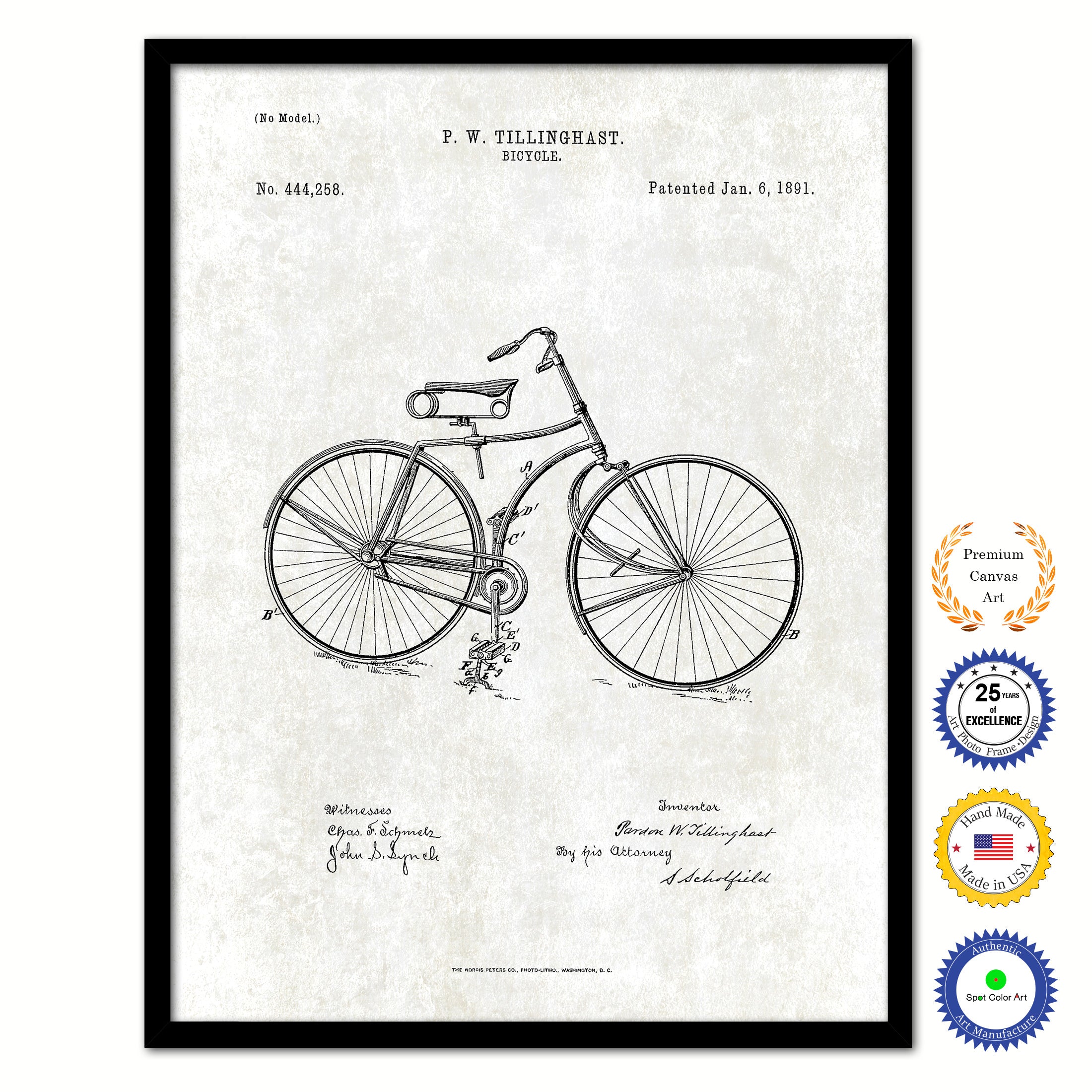 1891 Bicycle Old Patent Art Print on Canvas Custom Framed Vintage Home Decor Wall Decoration Great for Gifts