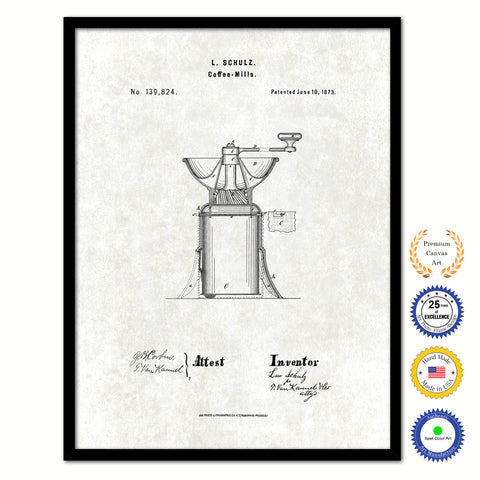 1873 Coffee Mill Grinder Vintage Patent Artwork Black Framed Canvas Print Home Office Decor Great for Coffee Spice Lover Cafe Shop