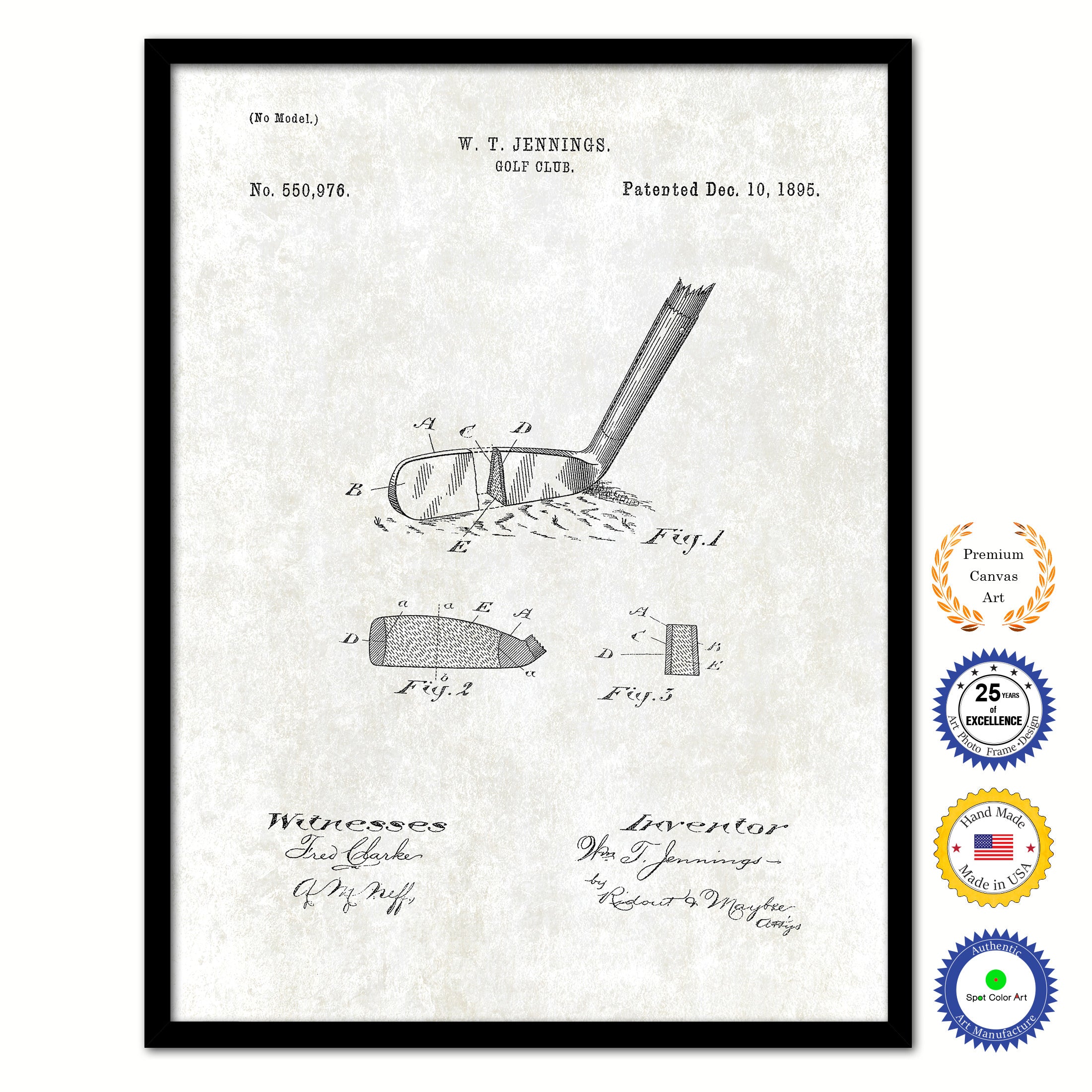 1895 Golf Club Old Patent Art Print on Canvas Custom Framed Vintage Home Decor Wall Decoration Great for Gifts
