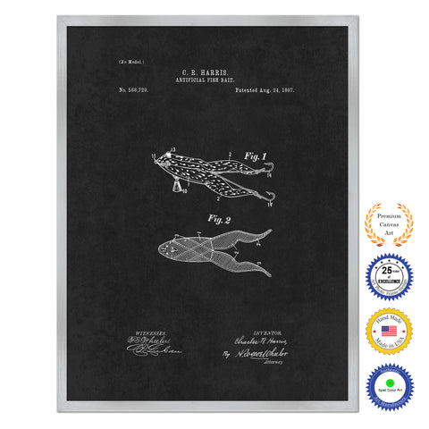 1897 Fishing Artificial Fish Bait Antique Patent Artwork Silver Framed Canvas Home Office Decor Great for Fisherman Cabin Lake House