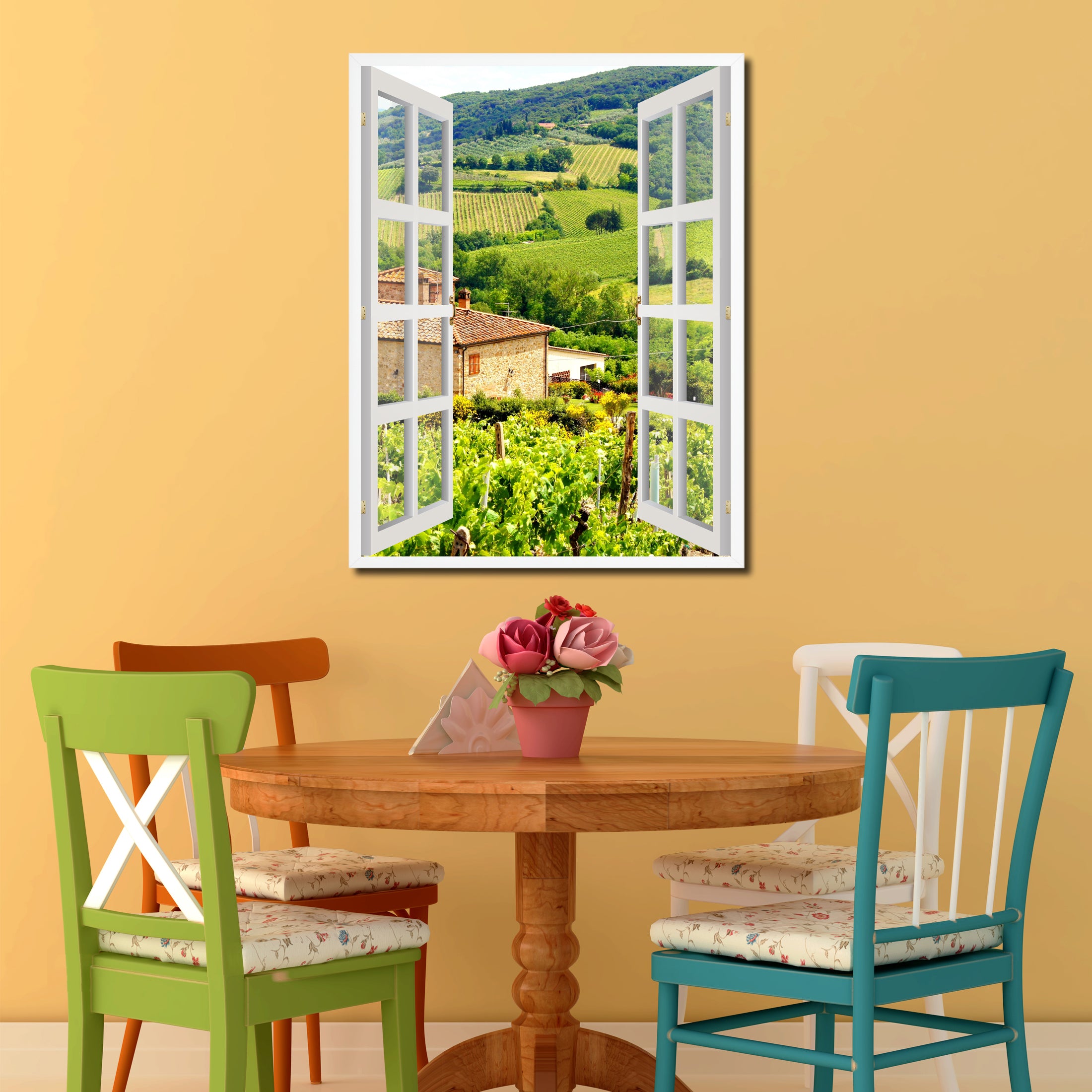 Wine Vineyards Tuscany Italy Picture French Window Canvas Print with Frame Gifts Home Decor Wall Art Collection