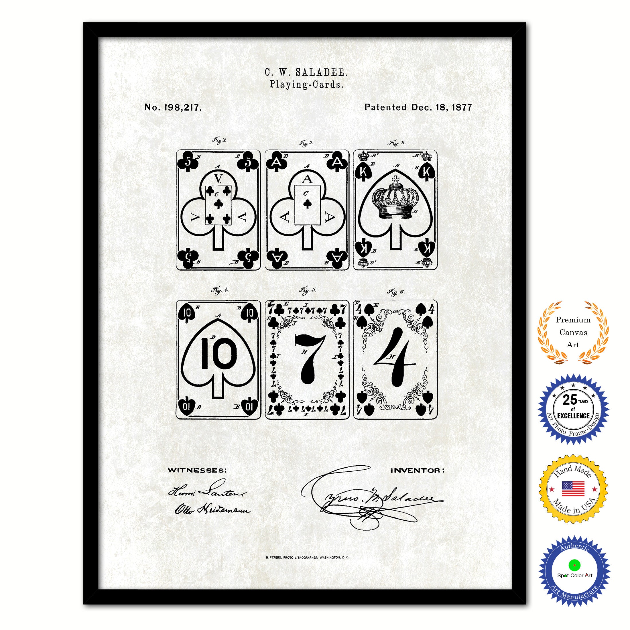 1877 Playing Cards Poker Game Old Patent Art Print on Canvas Custom Framed Vintage Home Decor Wall Decoration Great for Gifts