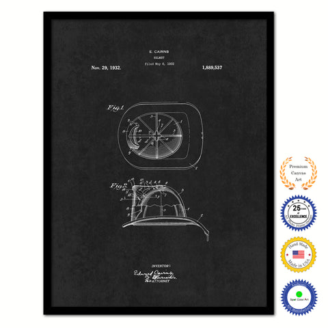 1932 Firefighter Helmet Vintage Patent Artwork Black Framed Canvas Home Office Decor Great for Firefighter Fireman Firewoman