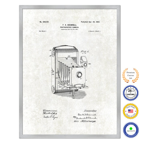 1902 Photographic Brownie Camera Antique Patent Artwork Silver Framed Canvas Print Home Office Decor Great Gift for Photographer
