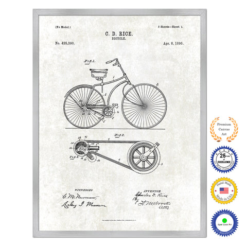 1890 Bicycle Old Patent Art Print on Canvas Custom Framed Vintage Home Decor Wall Decoration Great for Gifts