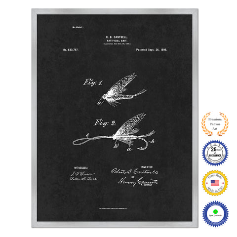 1899 Fishing Artificial Bait Antique Patent Artwork Silver Framed Canvas Home Office Decor Great for Fisherman Cabin Lake House
