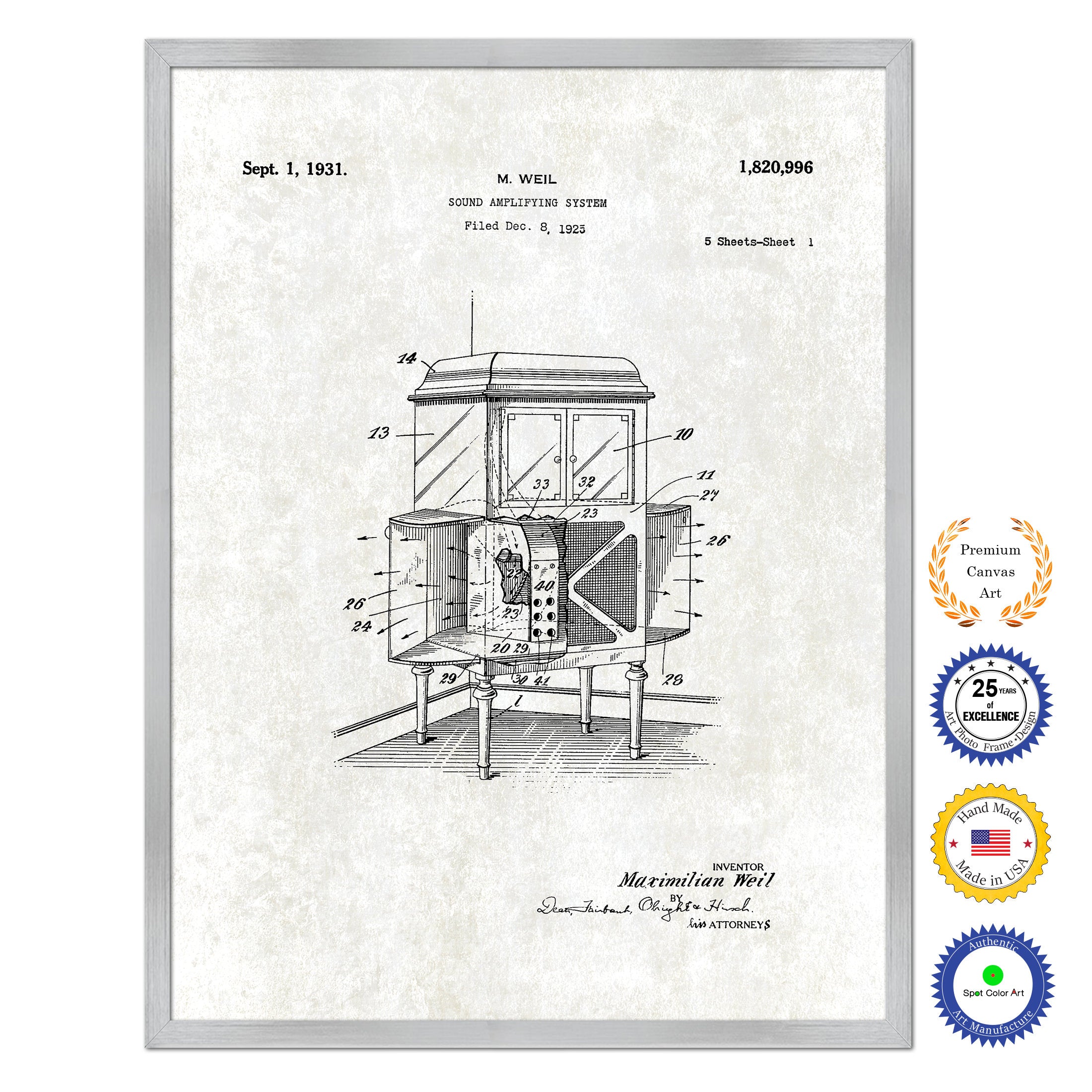 1931 Sound Amplifying System Old Patent Art Print on Canvas Custom Framed Vintage Home Decor Wall Decoration Great for Gifts