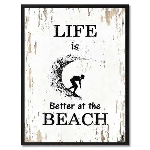 Life Is Better At The Beach Saying Canvas Print, Black Picture Frame Home Decor Wall Art Gifts