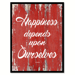 Happiness depends upon ourselves - Aristotle Inspirational Quote Saying Gift Ideas Home Decor Wall Art, Red