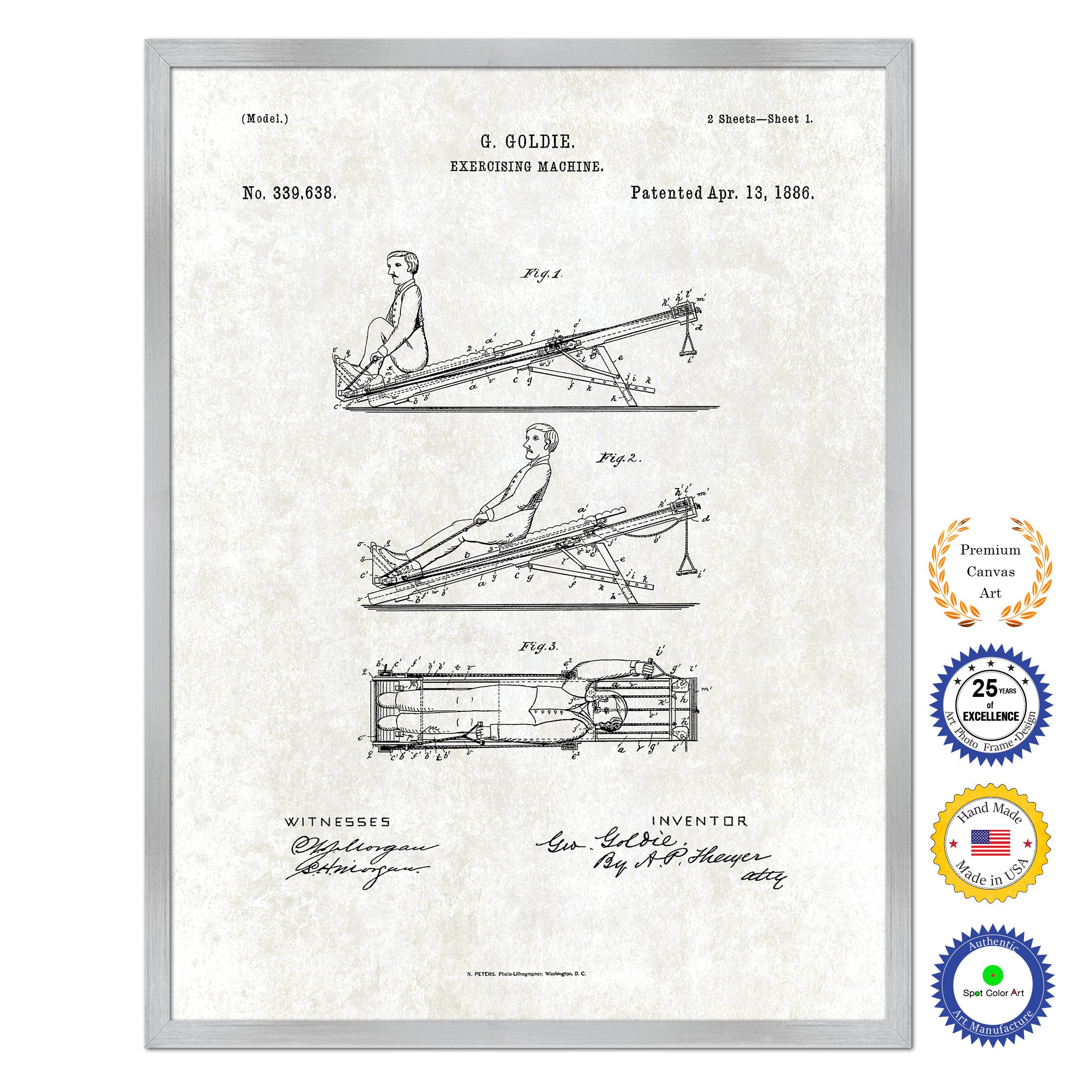 1886 Exercising Machine Old Patent Art Print on Canvas Custom Framed Vintage Home Decor Wall Decoration Great for Gifts