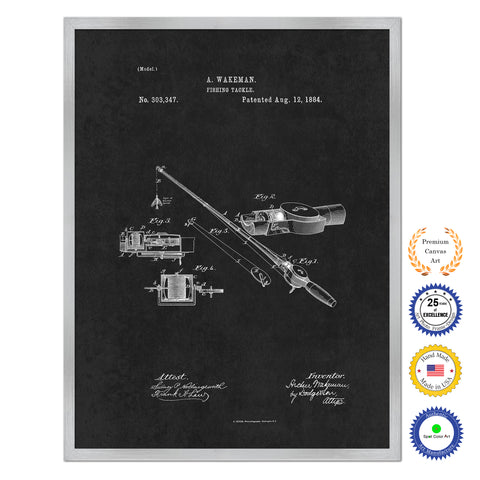 1884 Fishing Tackle Antique Patent Artwork Silver Framed Canvas Home Office Decor Great for Fisherman Cabin Lake House