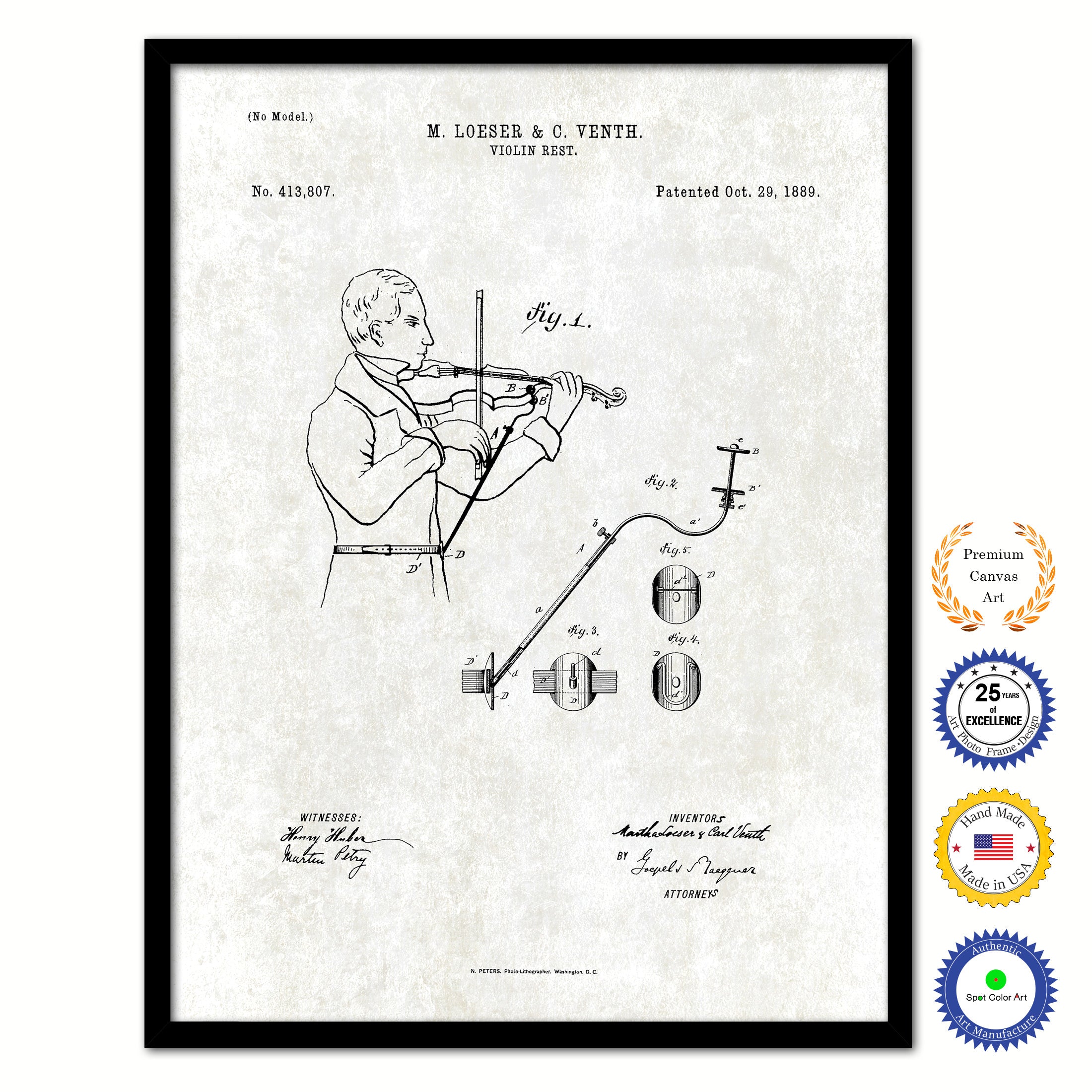 1889 Violin Rest Old Patent Art Print on Canvas Custom Framed Vintage Home Decor Wall Decoration Great for Gifts