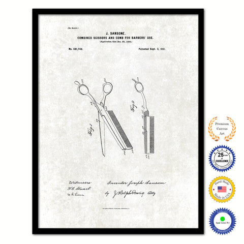 1901 Combined Scissors and Comb for Barbers Use Vintage Patent Artwork Black Framed Canvas Print Home Office Decor Great Gift for Barber Salon Hair Stylist