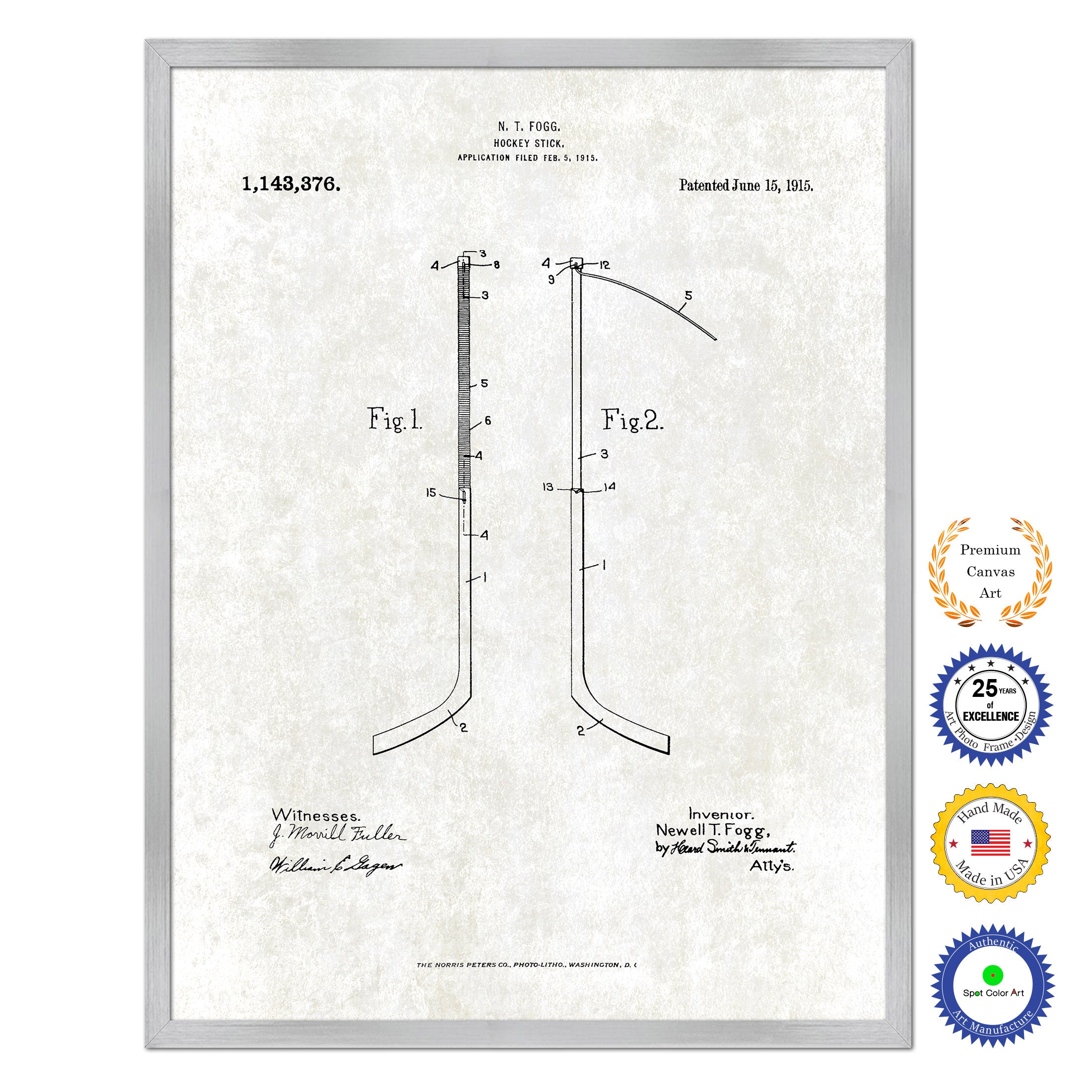 1915 Hockey Stick Old Patent Art Print on Canvas Custom Framed Vintage Home Decor Wall Decoration Great for Gifts