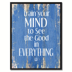 Train your mind to see the good in everything Motivational Quote Saying Canvas Print with Picture Frame Home Decor Wall Art, Blue