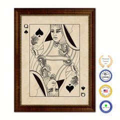 Queen Spades Poker Decks of Vintage Cards Print on Canvas Brown Custom Framed