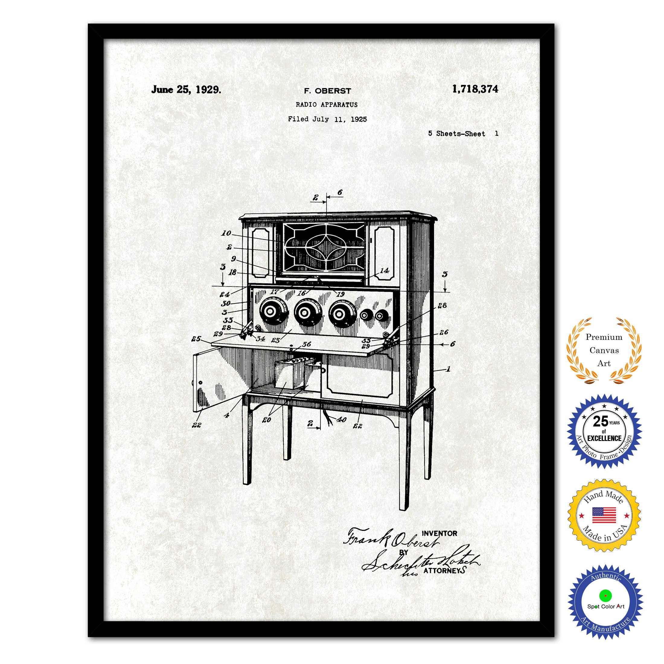 1929 Radio Apparatus Old Patent Art Print on Canvas Custom Framed Vintage Home Decor Wall Decoration Great for Gifts