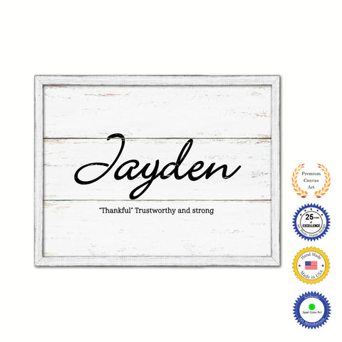 Jayden Name Plate White Wash Wood Frame Canvas Print Boutique Cottage Decor Shabby Chic