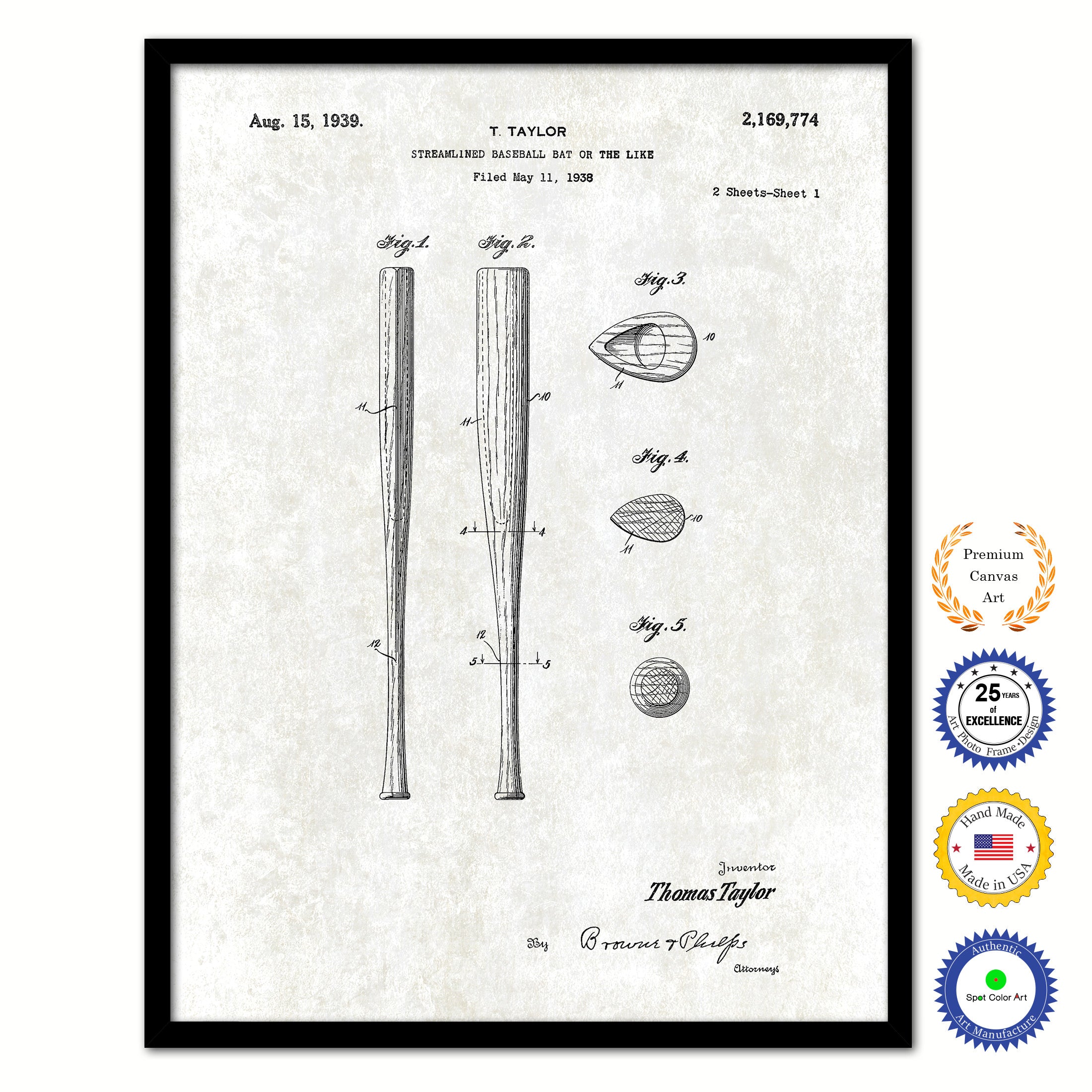 1939 Streamlined Baseball Bat Old Patent Art Print on Canvas Custom Framed Vintage Home Decor Wall Decoration Great for Gifts